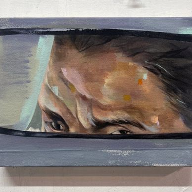 A close-up painting of a man's intense eyes seen through a car rearview mirror.