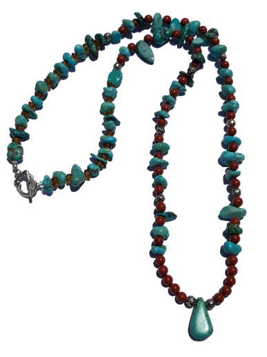 Necklace has turquoise stones, round red marble beads, silver toggle clasp