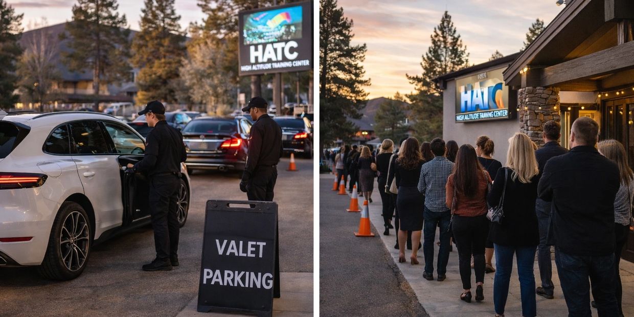 Valet parking service at High Altitude Training Center during sunset.