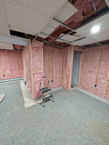 Basement under renovation with exposed insulation and ceiling tiles.