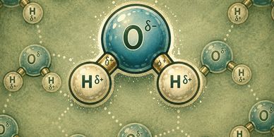 Illustration of water molecules showing oxygen and hydrogen atoms with partial charges.