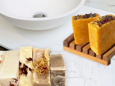 Jasmine-scented skincare products including soap and lotion.