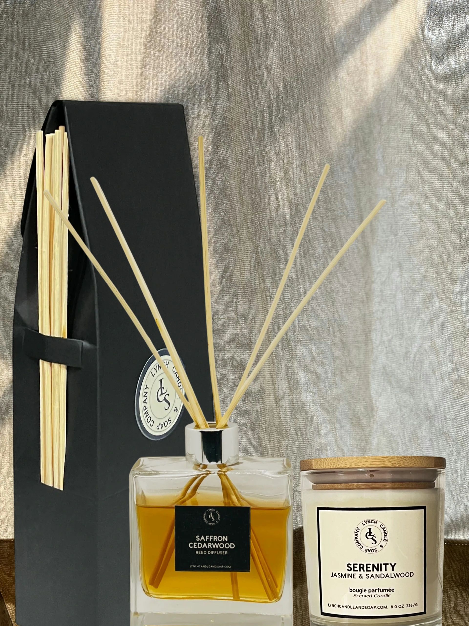 Diffuser and handmade Candle with Diffuser Box on display.