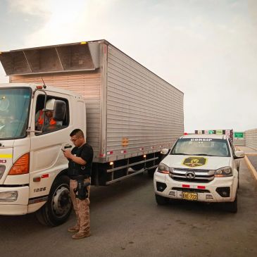 Policía inspecciona un camión en la carretera.