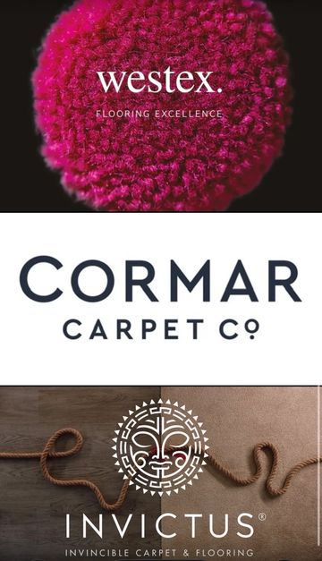 Logos of three carpet and flooring brands: Westex, Cormar Carpet Co, and Invictus.