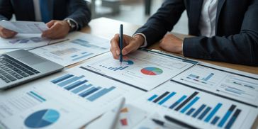 Business professionals analyzing charts and graphs during a meeting.