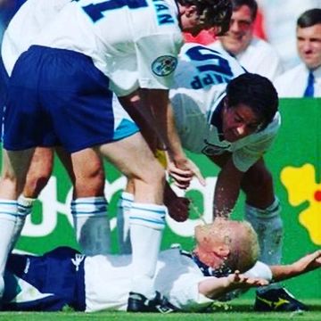 Paul Gascoigne scoring against Scotland at Euro 1996 - dentist chair celebration.