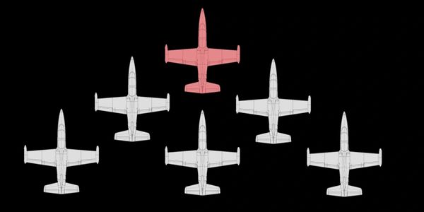 Six aircraft outlines with one highlighted in red, arranged in a formation.