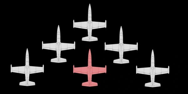Six aircraft in formation with the center one highlighted in red.