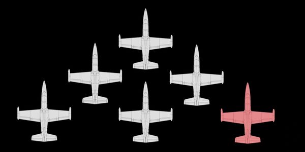 Six aircrafts in formation with one highlighted in red.