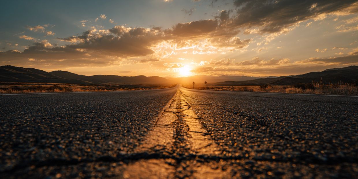 A long open road stretches toward a radiant golden horizon beneath a vast luminous sky — capturing the heart of Abide In Productions and the calling of Keystone Table Rock Ministries. From the Upper Room to the Open Road.