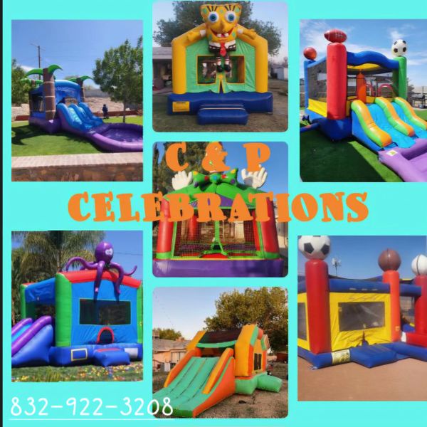 Colorful inflatable bounce houses and slides for celebrations.