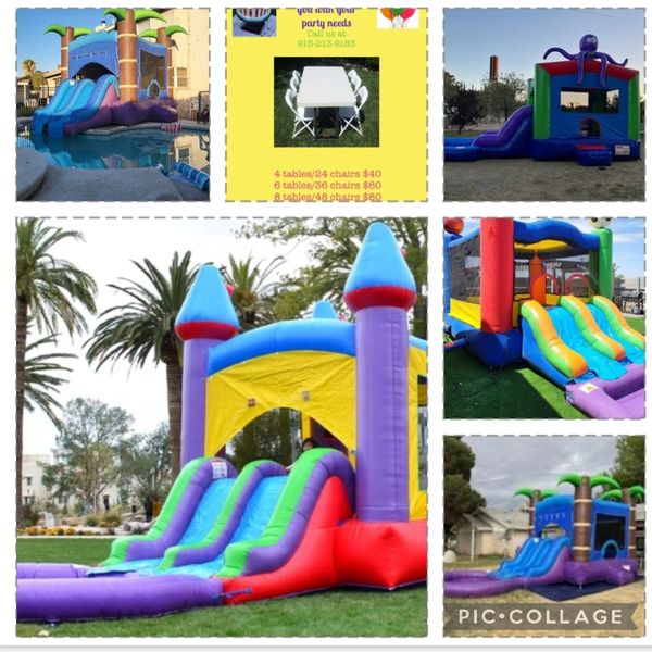 Colorful inflatable bounce houses and slides for parties and events outdoors.