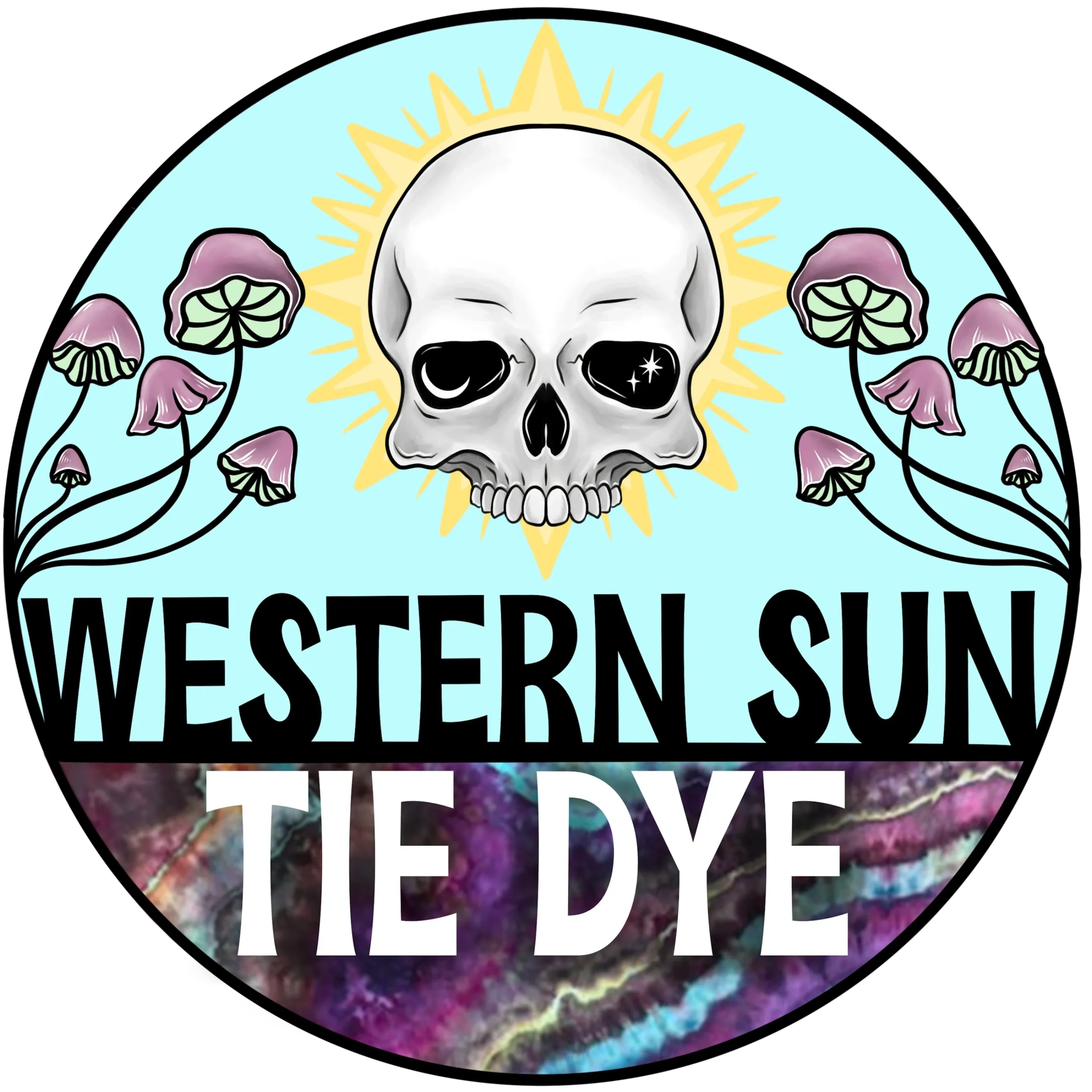 Western Sun Tie Dye logo featuring a skull with flowers and vibrant tie-dye patterns.