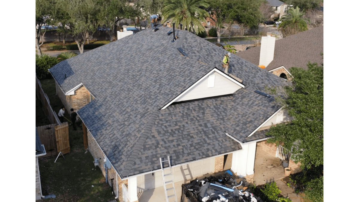 Completed roof replacement on a single-story Texas home seen from above
