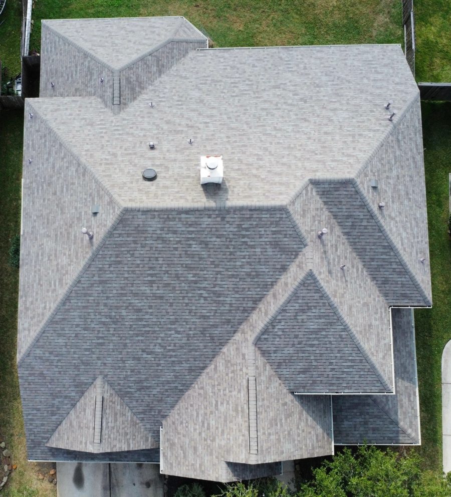 Drone view of a completed residential roof replacement