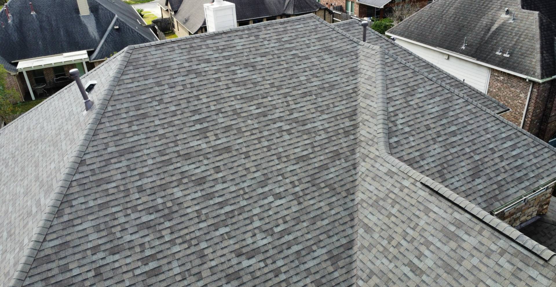 Aerial view of a completed Hill Heights roof inspection and replacement in Texas
