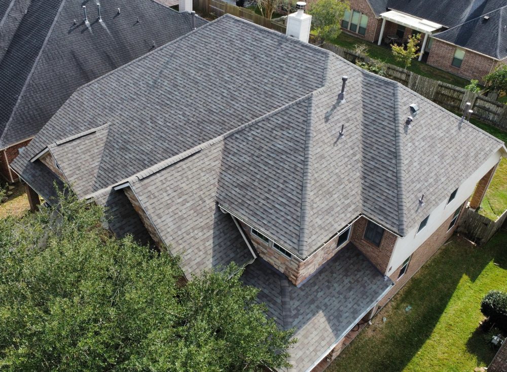 Aerial view of a completed roofing system
