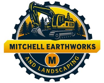 Logo featuring a yellow excavator and pine trees for Mitchell Earthworks and Landscaping.