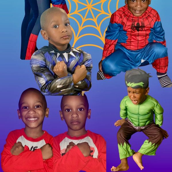 Harrison in his favorite superhero costumes. 