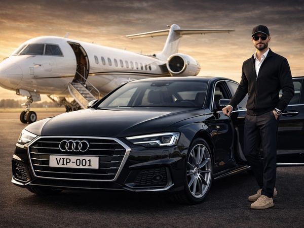 Luxury transportation service featuring a sleek black Audi and private jet.