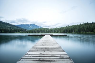 Wooden dock extending into a calm lake surrounded by forest and mountains.