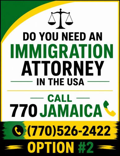Advertisement for immigration attorney services in the USA with a contact number.