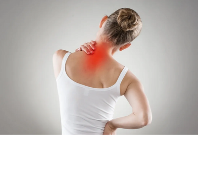 lady holding neck with red shading indicating pain 