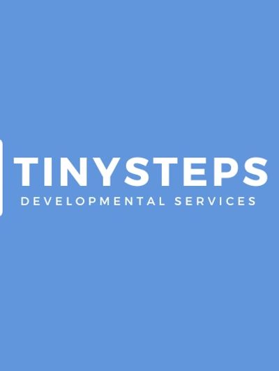 Logo for Tinysteps Developmental Services on blue background.