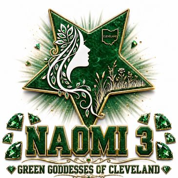Logo of Naomi 3, Green Goddesses of Cleveland with a green star and floral design.