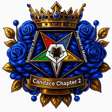 Emblem of Candace Chapter 2 with a golden crown and blue roses.