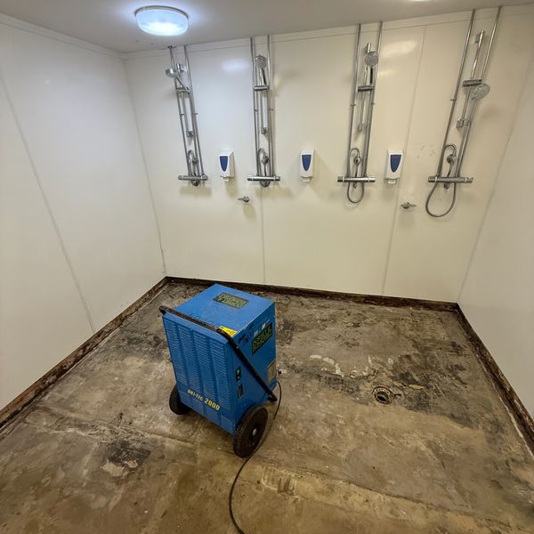 A room with four shower heads and a blue dehumidifier on a wet floor.