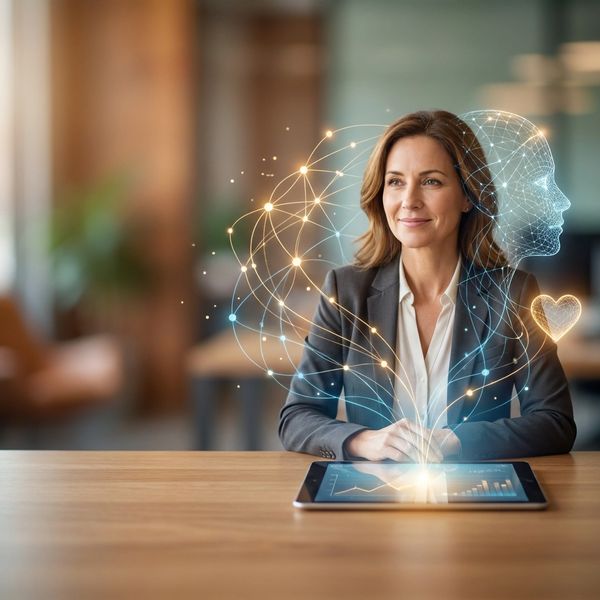 Businesswoman with digital brain hologram and tablet.
