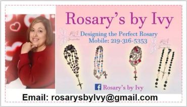 Rosary's by Ivy advertisement with rosary designs and contact details.