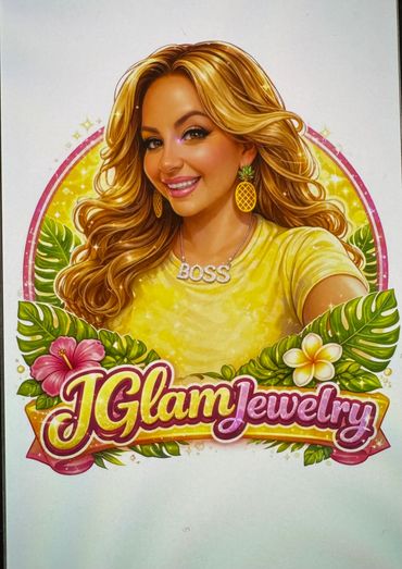 Colorful art of a smiling woman with pineapple earrings and 'BOSS' necklace for JGlam Jewelry.