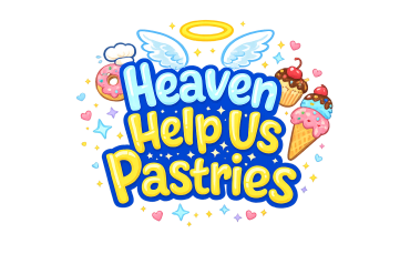 Colorful logo with sweets and angel wings saying 'Heaven Help Us Pastries'.