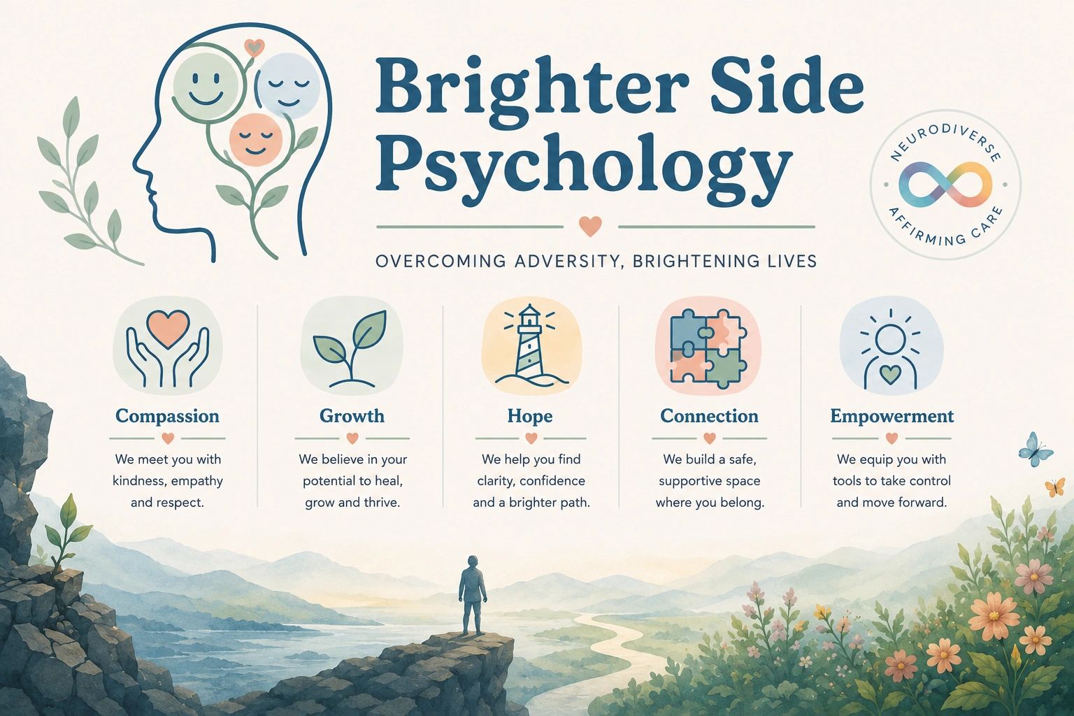 Brighter Side Psychology promotes compassion, growth, hope, connection, and empowerment for overcoming adversity.