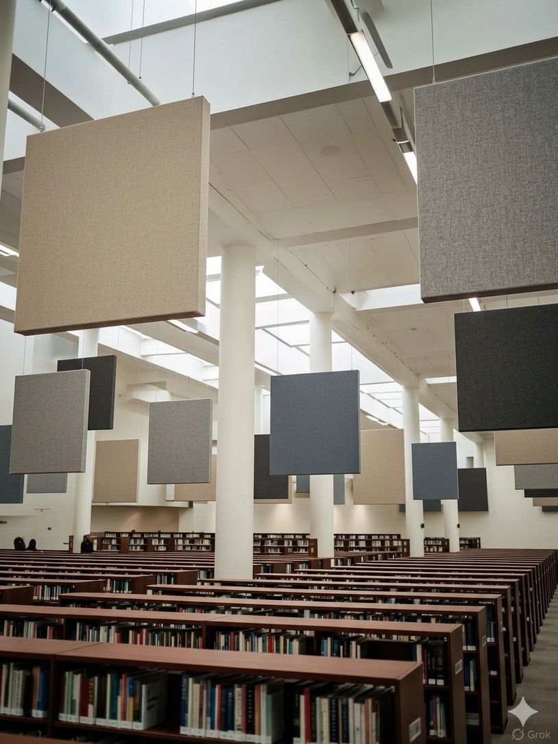 Spacious modern library with hanging acoustic panels and rows of bookshelves.