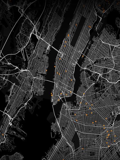 Map of New York City with orange dots marking specific locations.