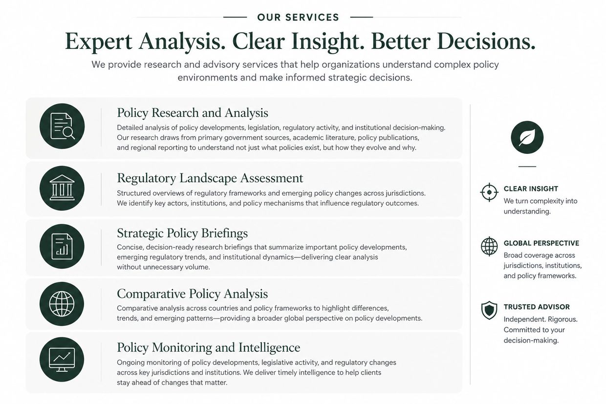 Overview of expert policy research and advisory services for informed decision-making.