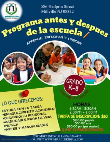 Flyer for a before and after school program for grades K-8 in Millville, NJ.