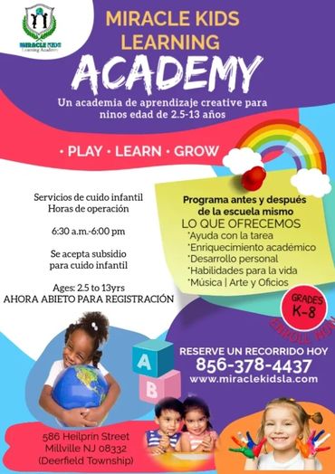 Academia Miracle Kids para niños de 2.5 a 13 años, ofrece cuidado infantil y enriquecimiento académico.