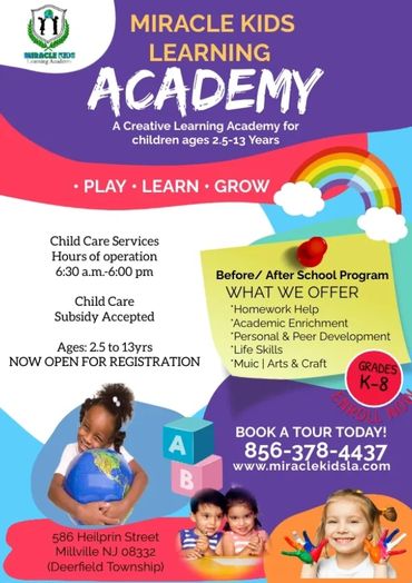 Miracle Kids Learning Academy offers creative learning for children aged 2.5-13 with before/after school programs.