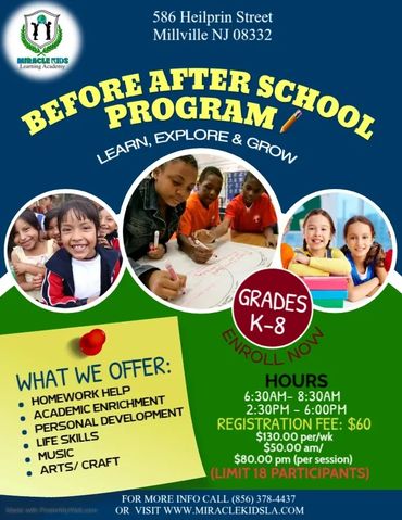 Flyer for Miracle Kids Learning Academy's before and after school program for grades K-8.