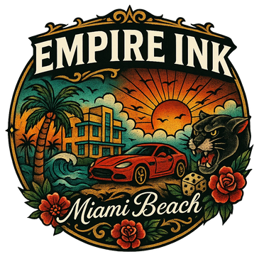Empire Ink on the scene,  80s miami beach vibe, panther, flower, dice, tattoo, palmtree & sunshine