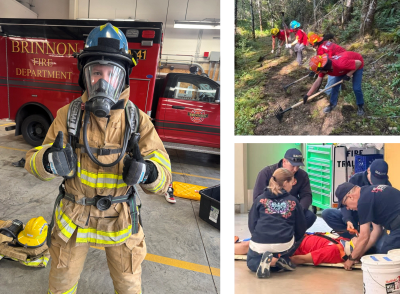 Images of firefighting training exercises and a firefighter in gear.