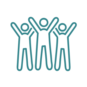 Three blue stick figures reaching for the sky