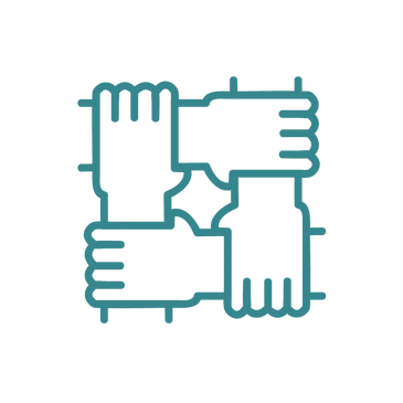 Blue drawing of four hands grabbing four wrists and making a square. 