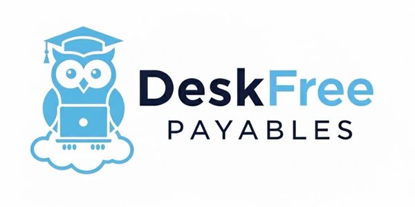 Logo of DeskFree Payables with an owl wearing a graduation cap and holding a laptop.