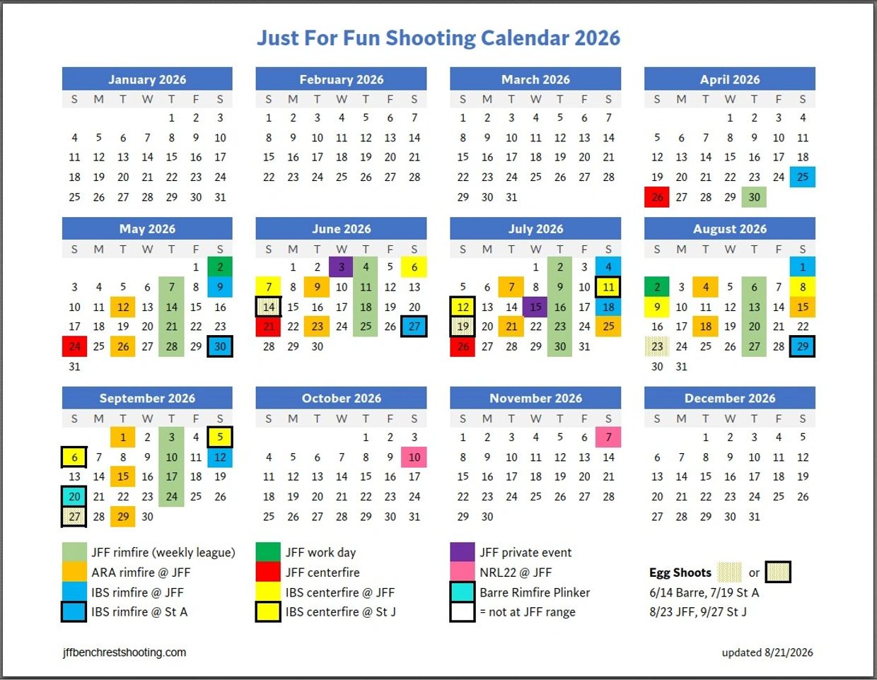 2026 shooting calendar with various events and color-coded dates.